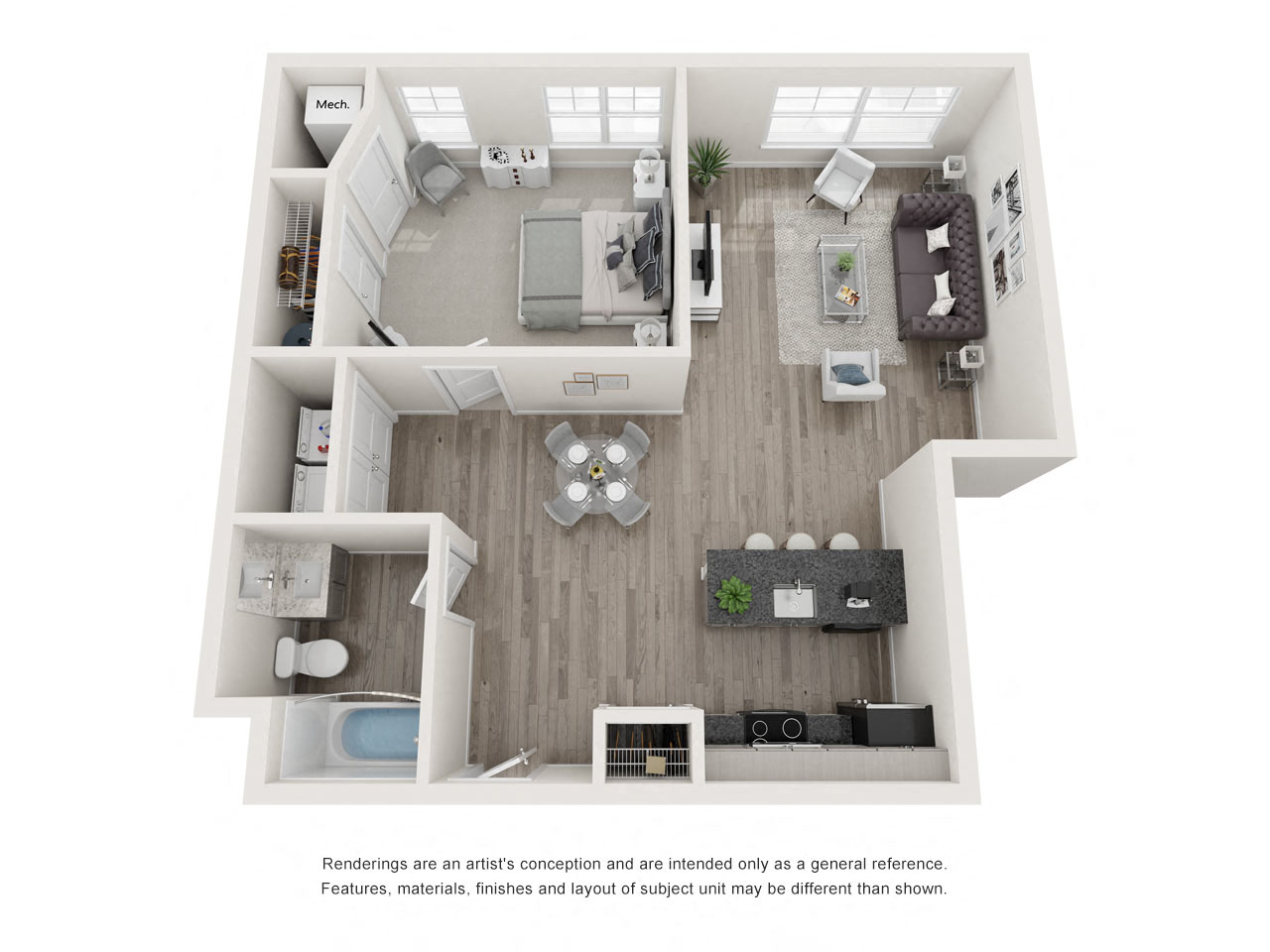 Floor plan for 1 bed, 1 bath, 850 sqft